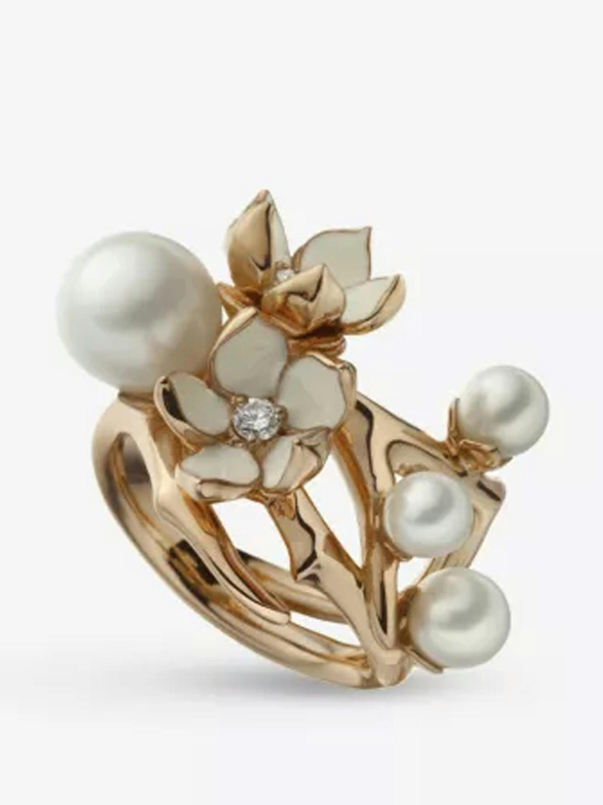 Cherry Blossom yellow gold-plated vermeil, pearl and diamond ring