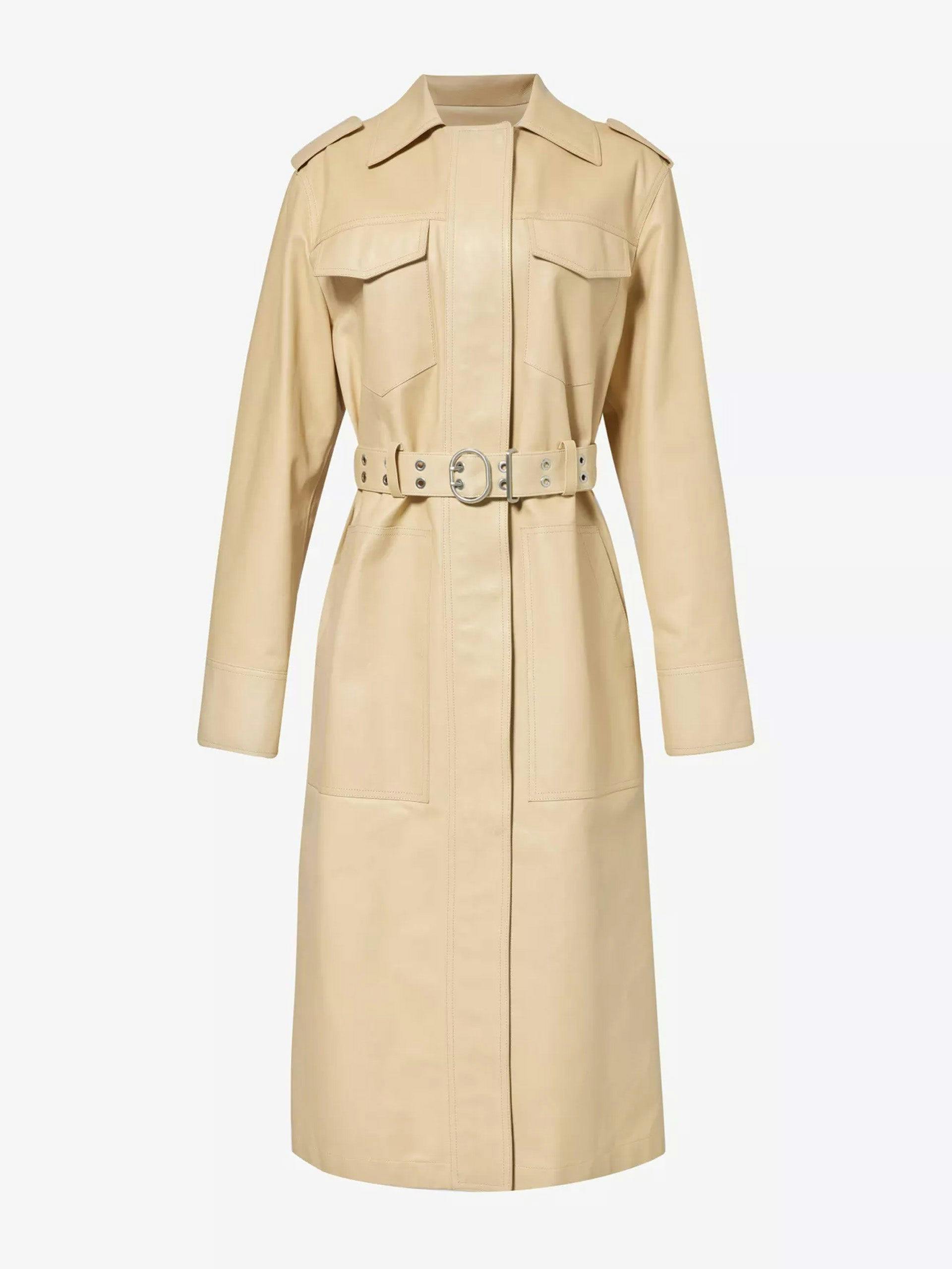 Spread-collar belted leather trench coat