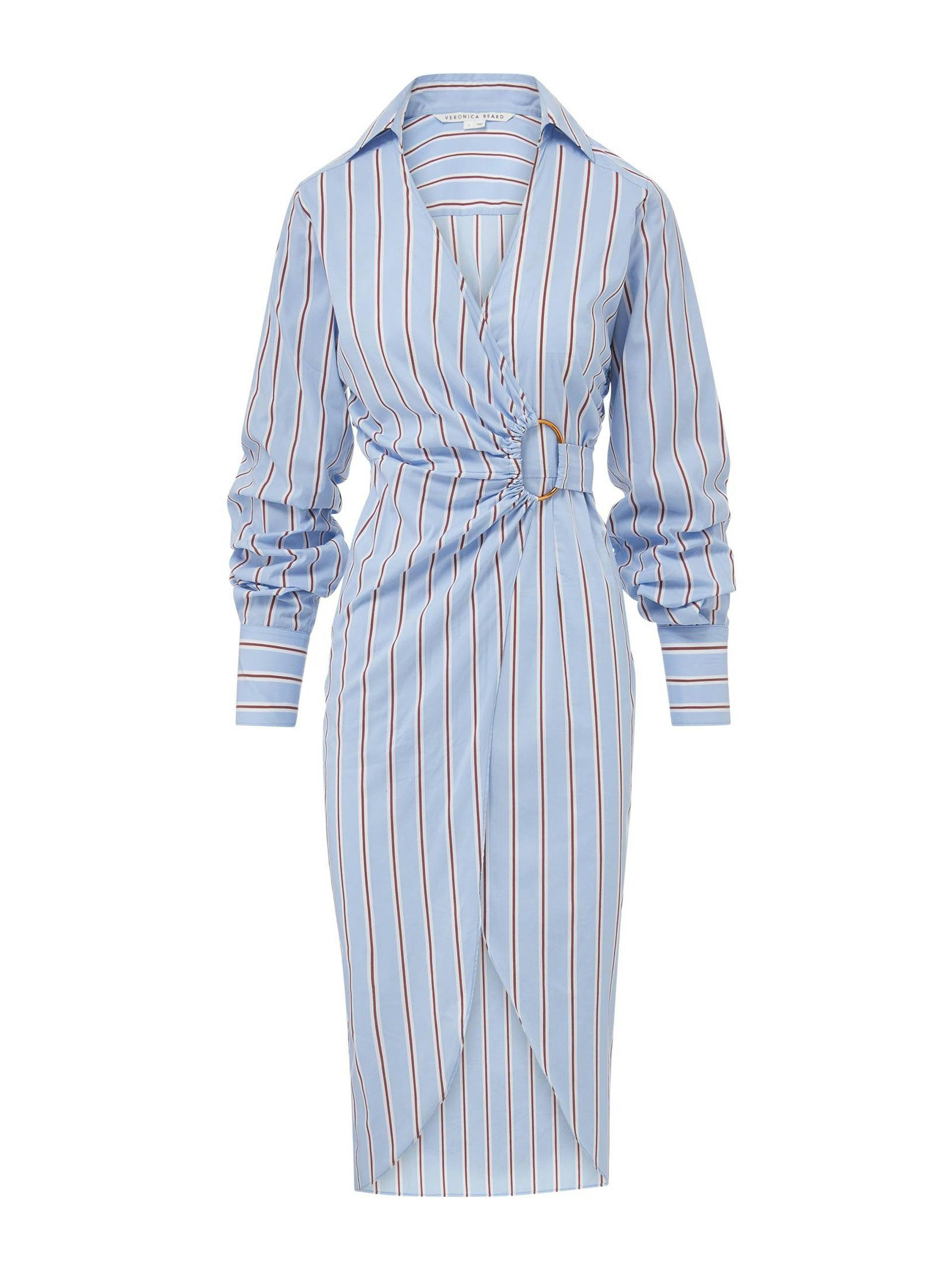 Blue striped shirt dress with gold buckle
