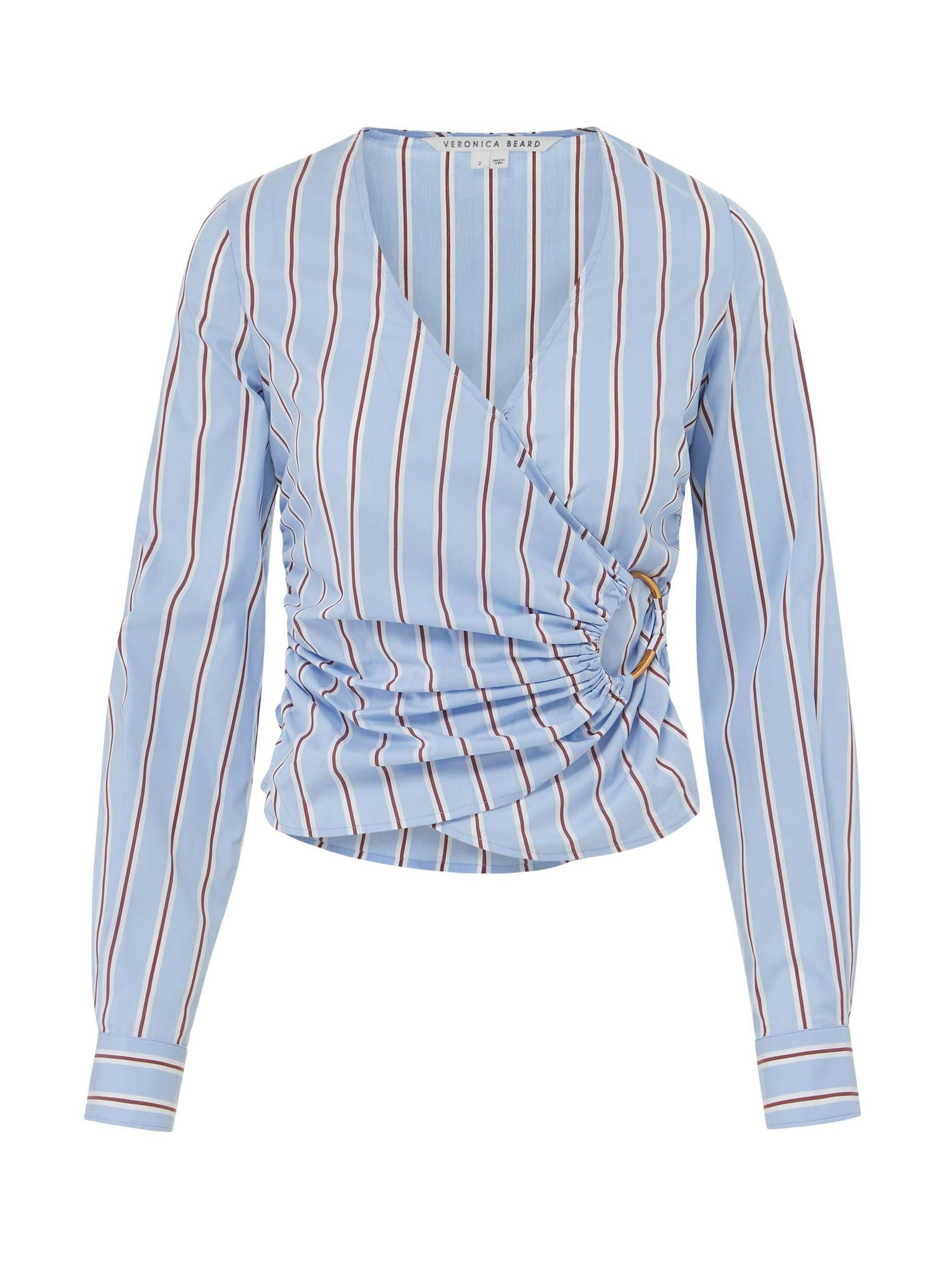 Blue striped wrap top with gold buckle