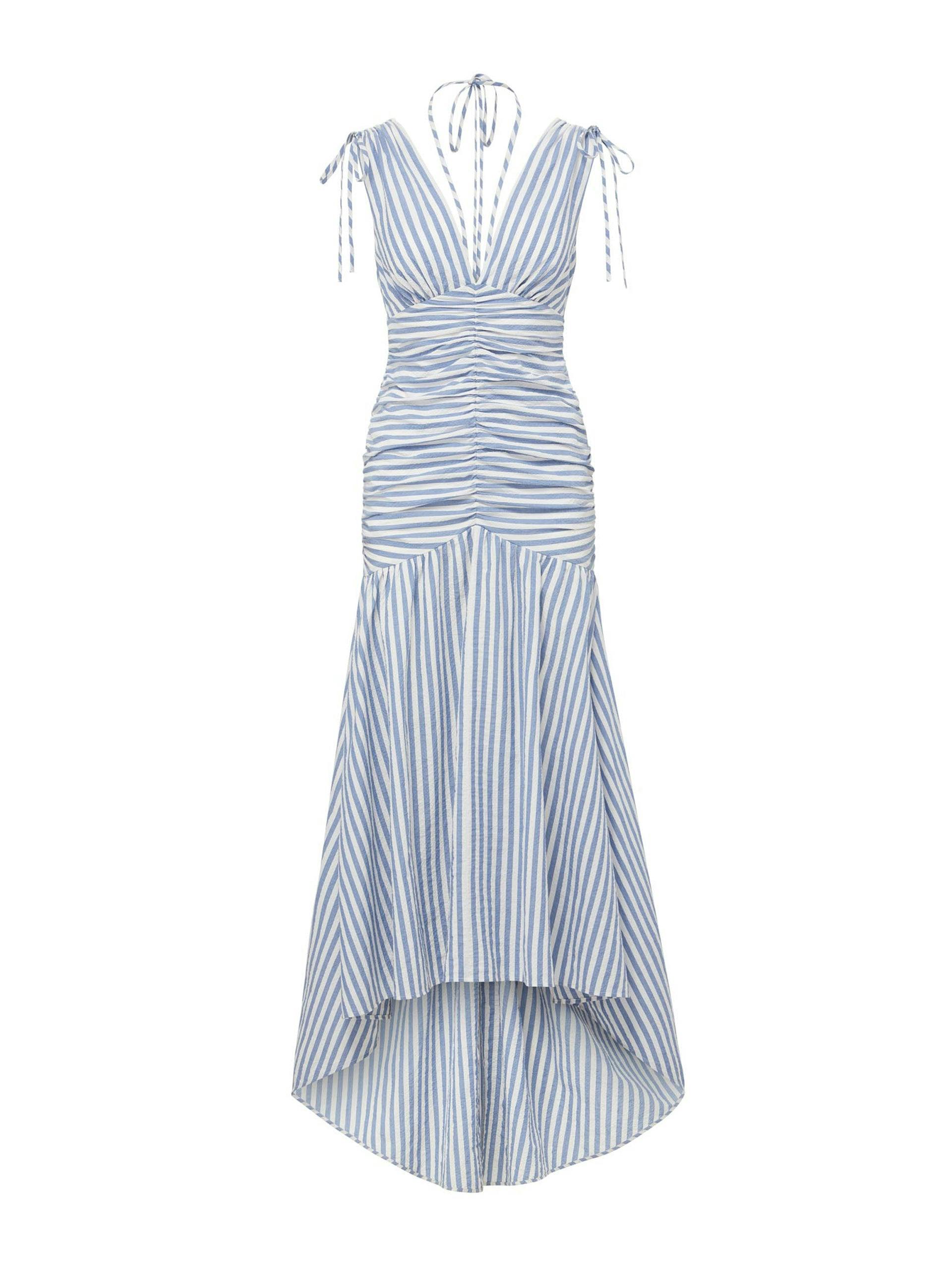Blue and white striped v-neck dress