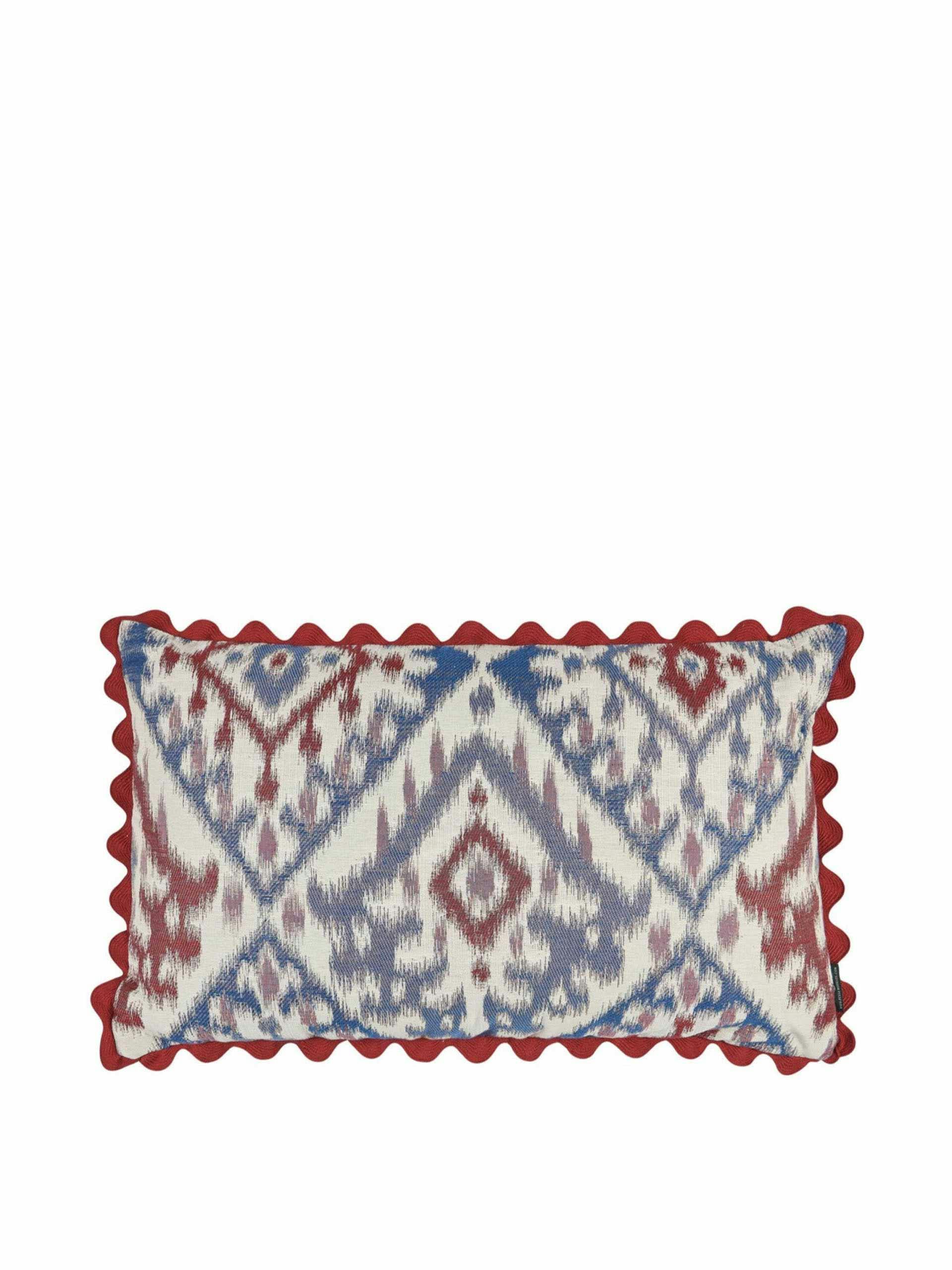 Limited edition blue ikat and raspberry and gold ticking stripe cushion with red wavy trim
