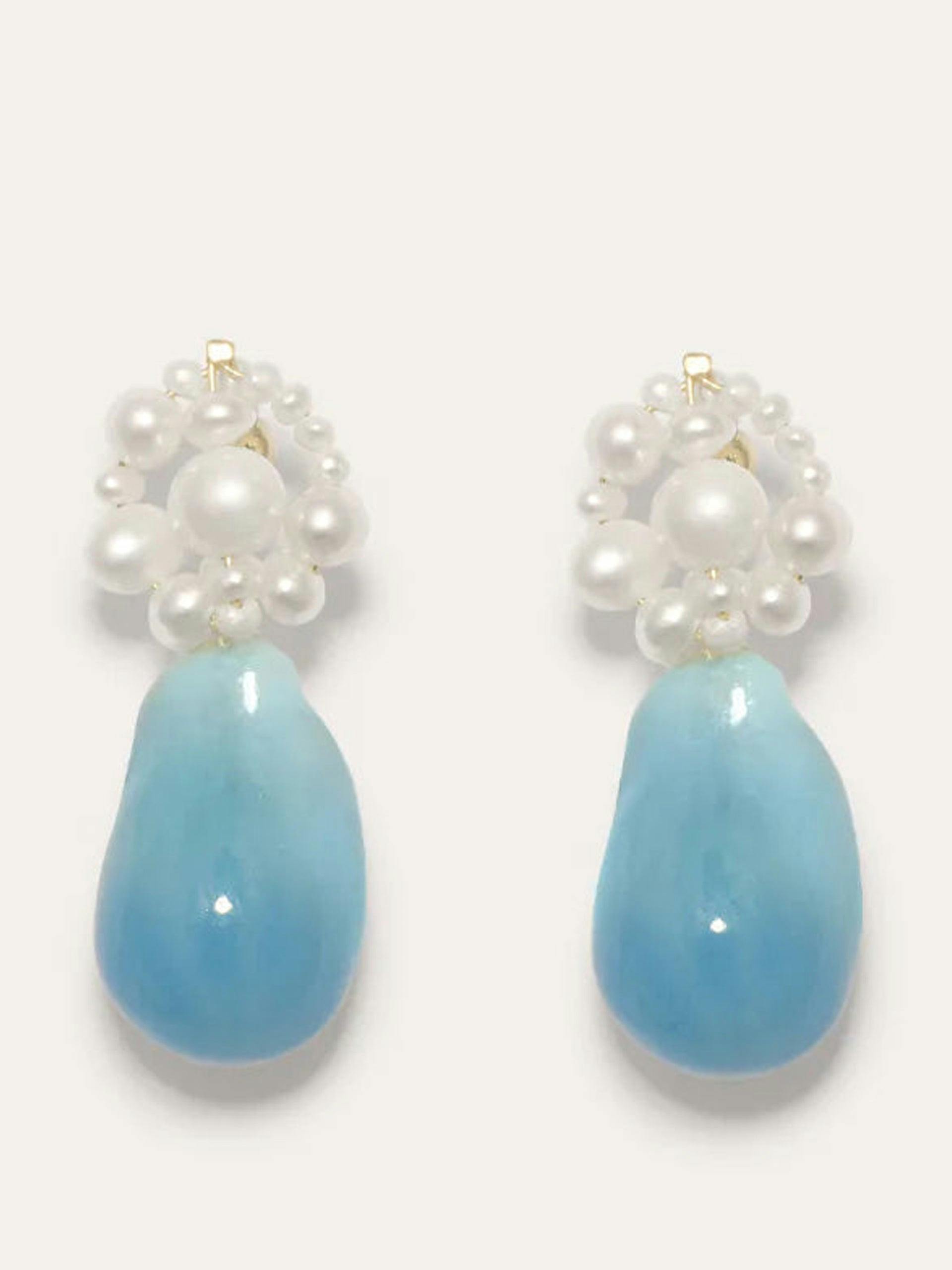 "Tra-la-la" pearl and blue resin gold vermeil earrings
