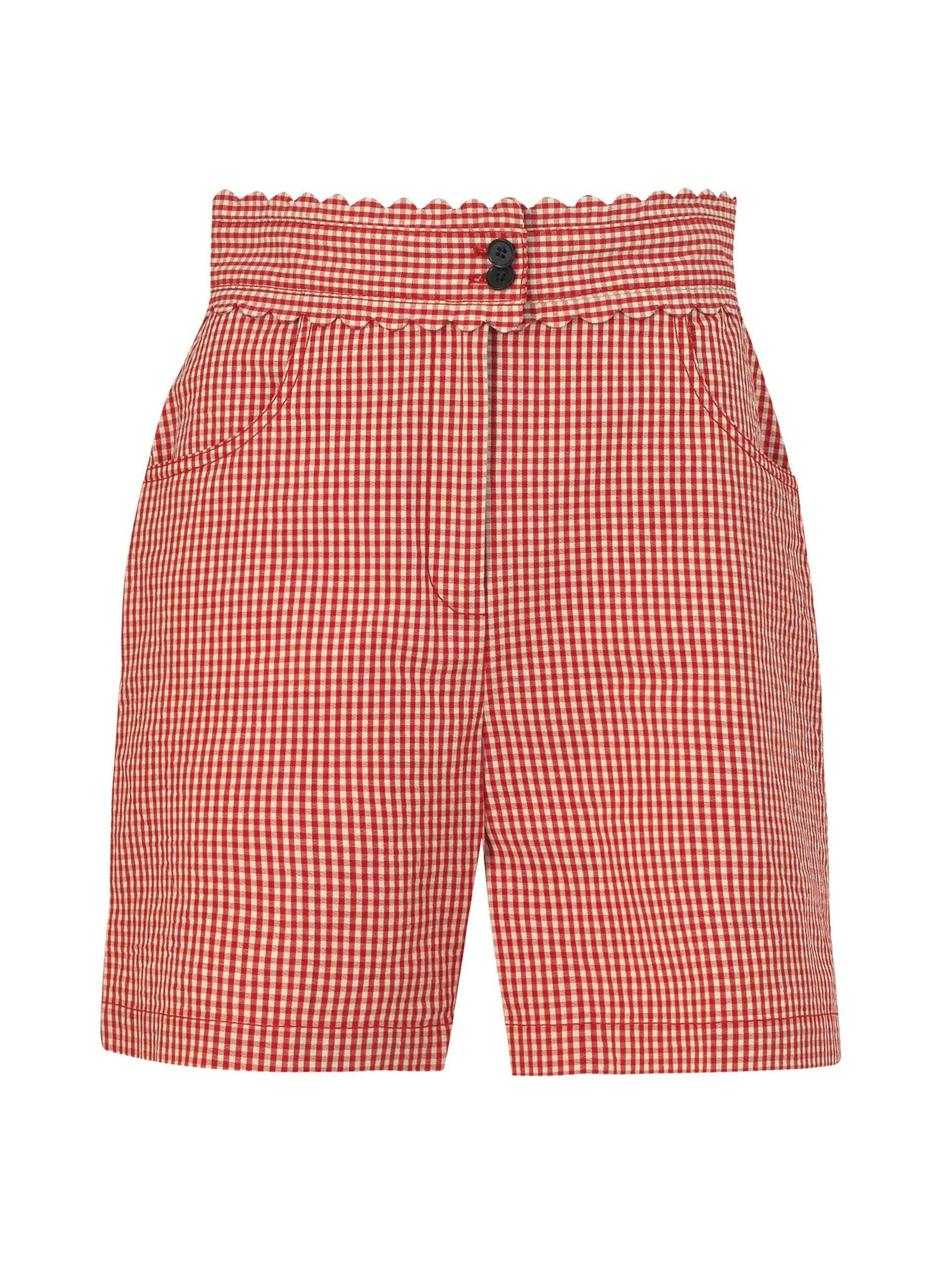 Red and white scalloped gingham shorts