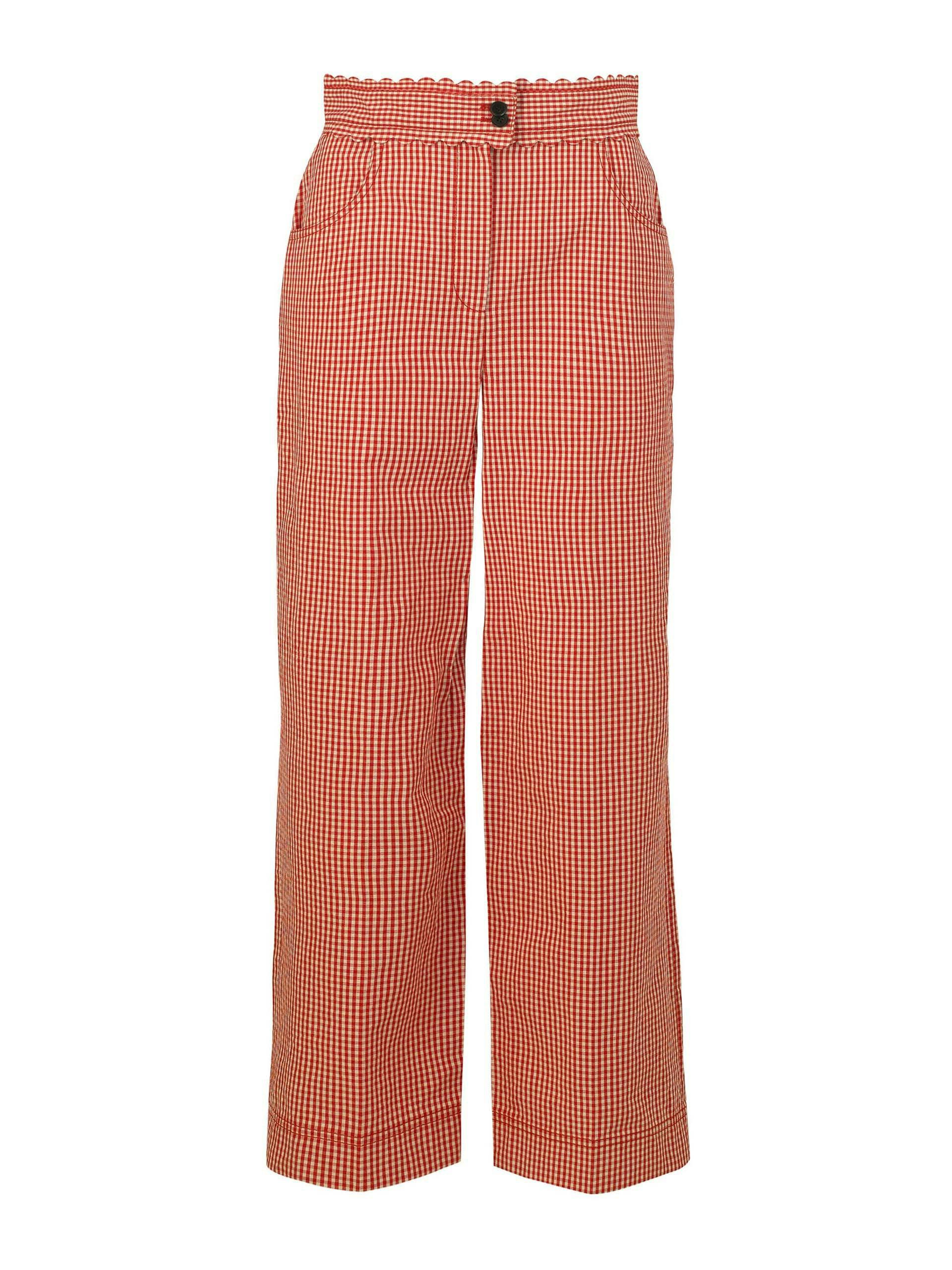 Red and white scalloped gingham cropped trousers