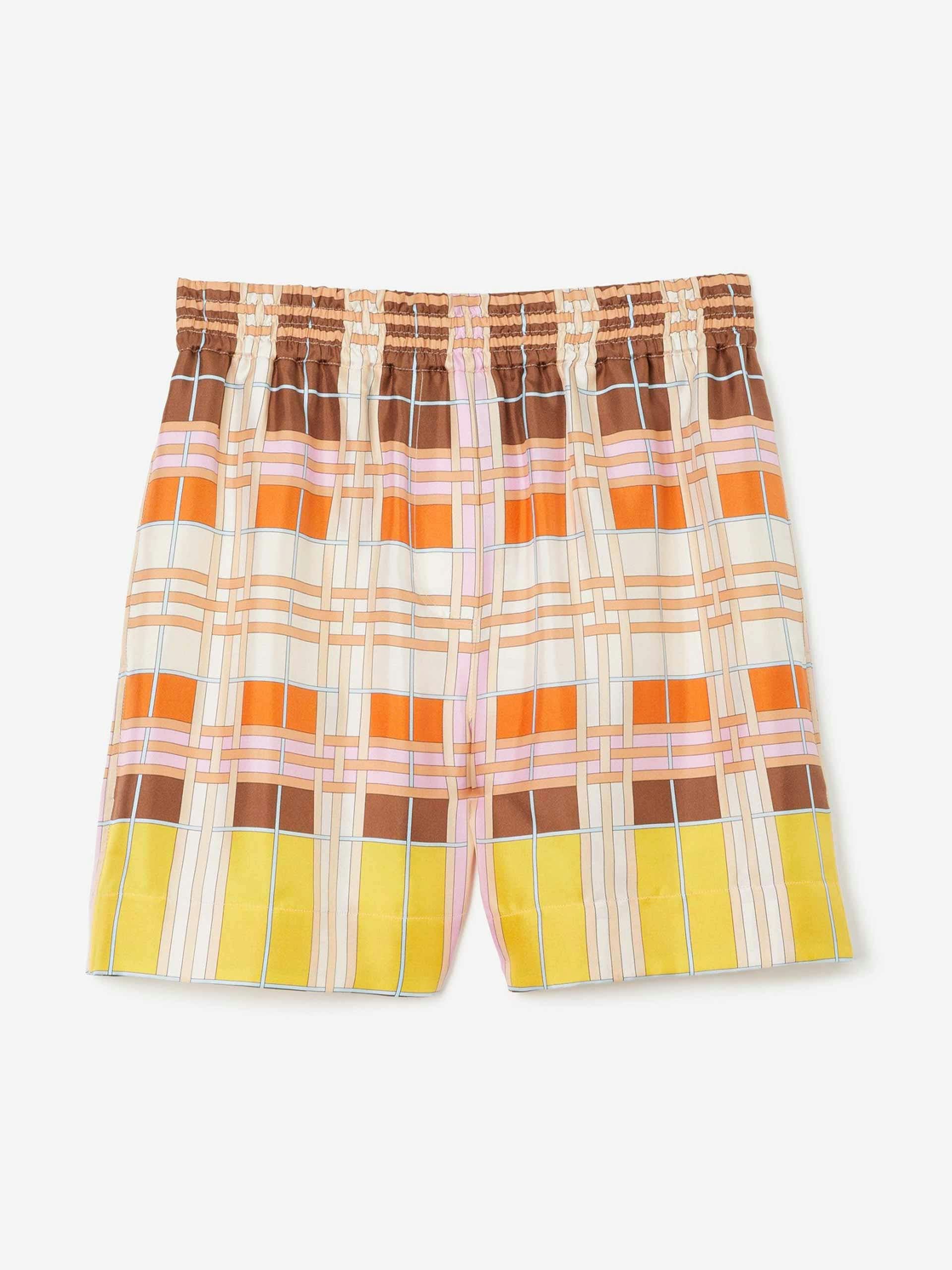 Abstract check print silk shorts