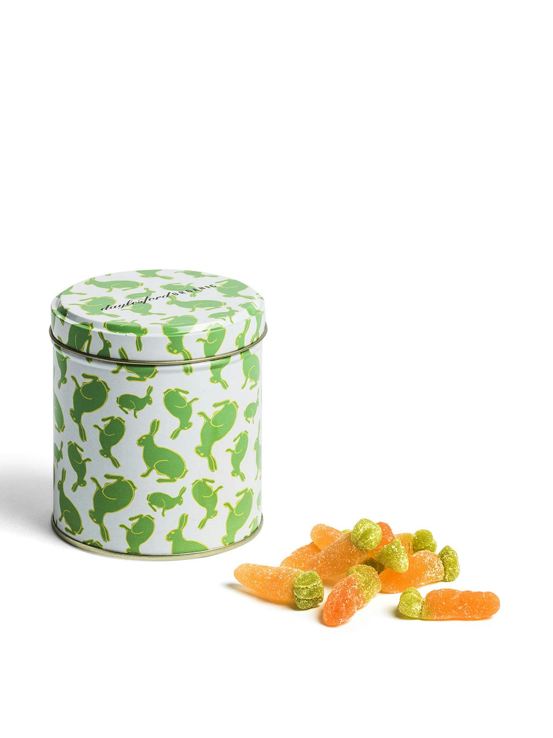 Carrot jelly sweets in a tin