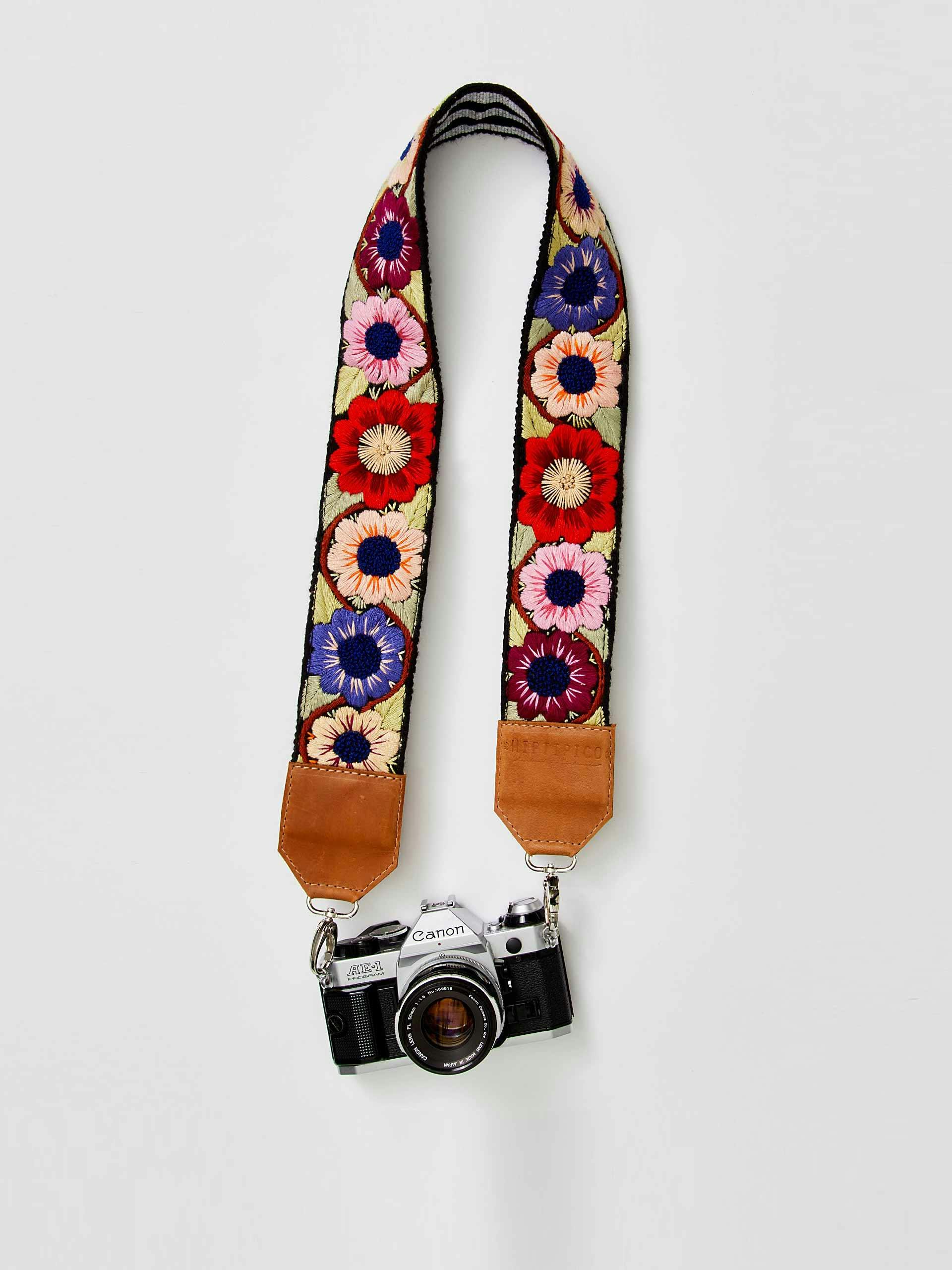 Floral embroidered leather camera strap