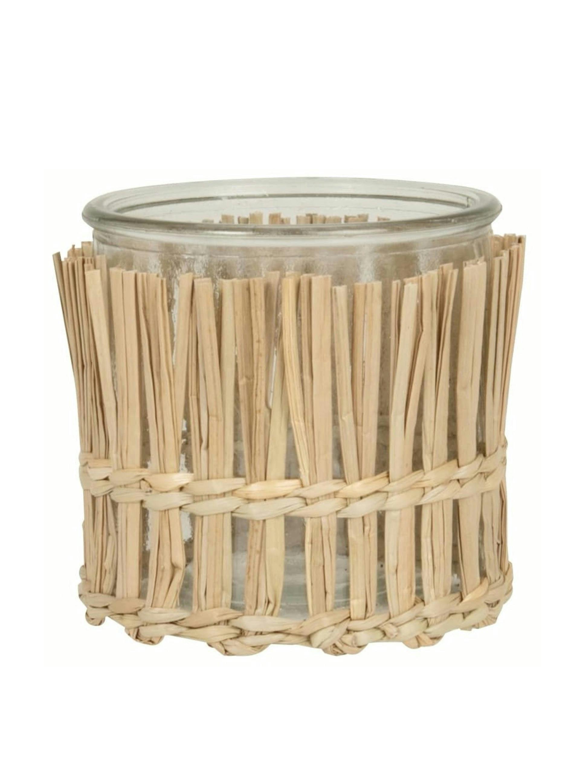 Hand-woven straw and glass tealight holder