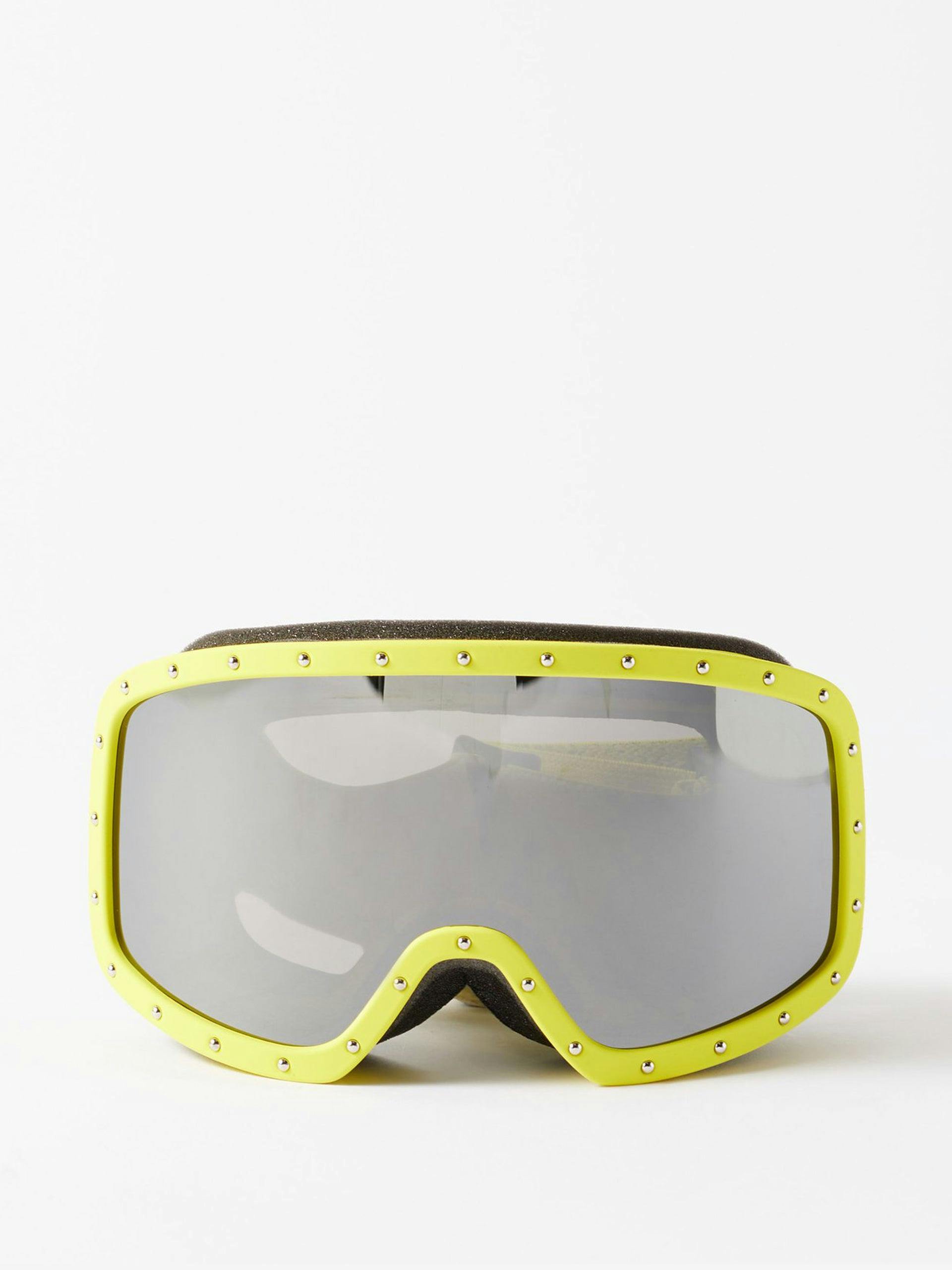 Yellow and silver stud detail framed ski goggles with logo strap
