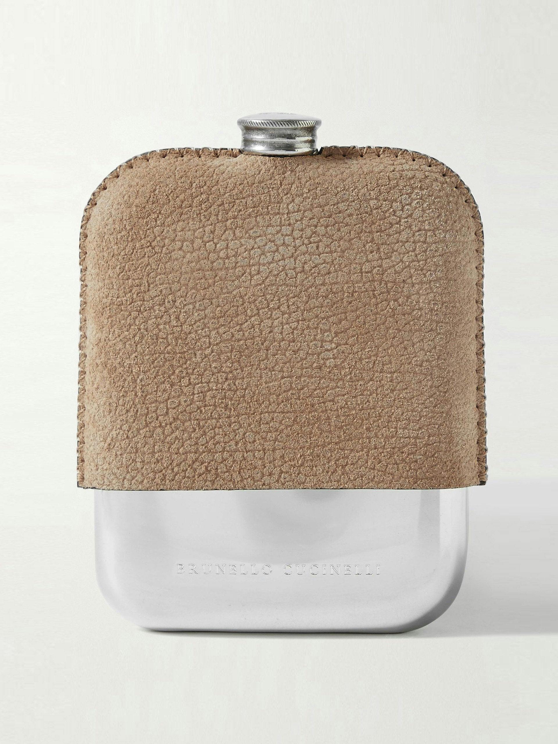 Full-grain suede and silver-tone hip flask