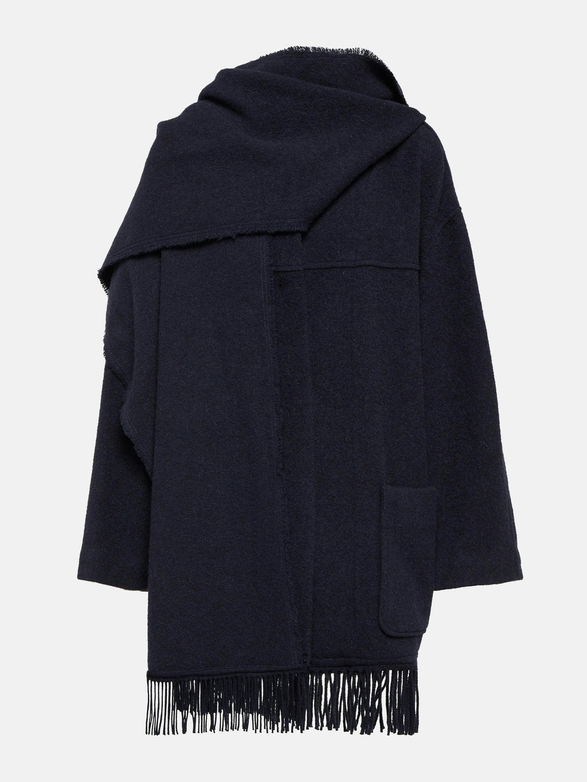 Fringe-trimmed wool-blend scarf coat