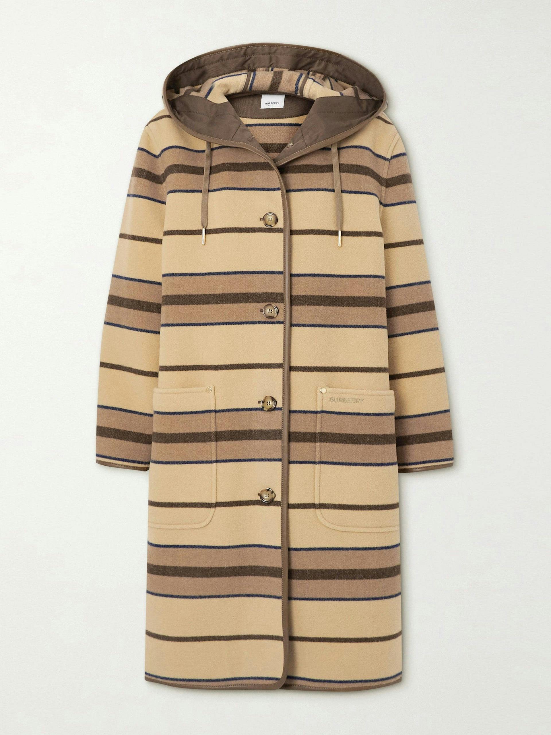 Hooded striped leather-trimmed wool coat
