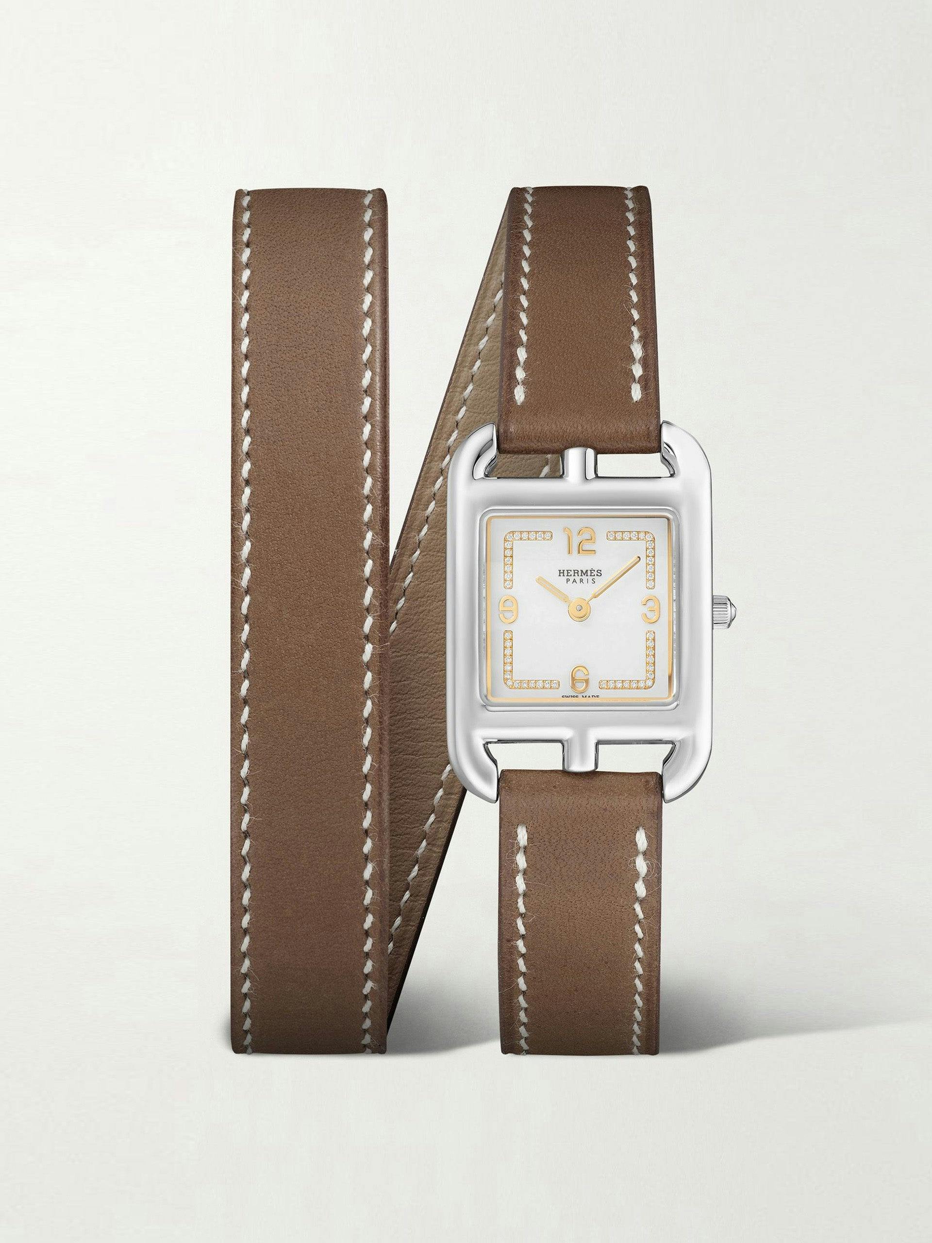 Wrap around leather, diamond and stainless steel watch