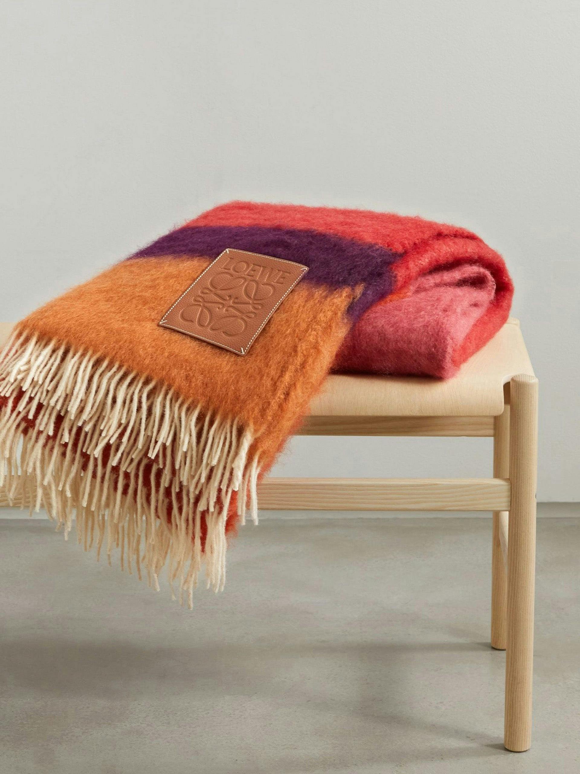 Fringed striped mohair and wool blend blanket