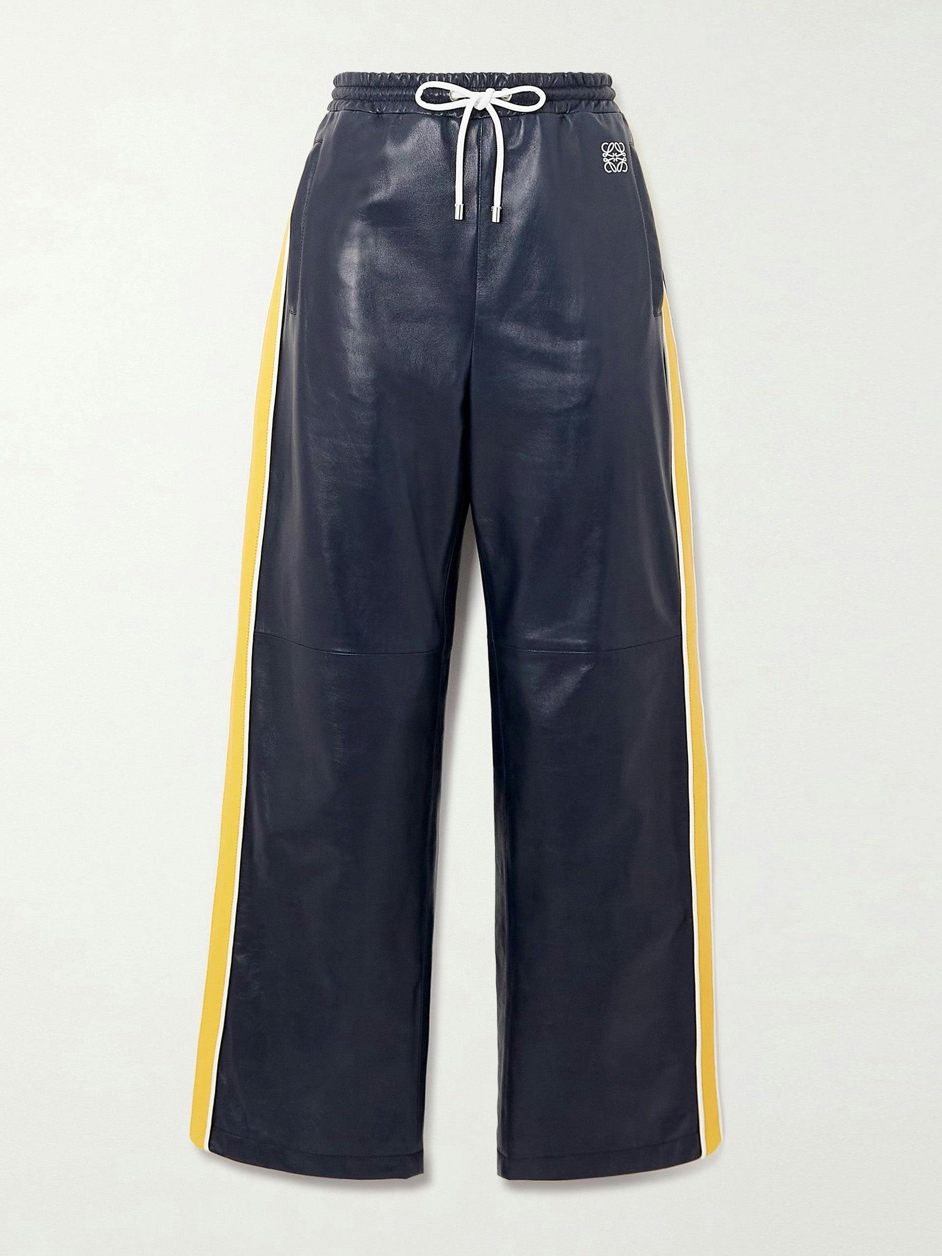 Navy and yellow leather trousers