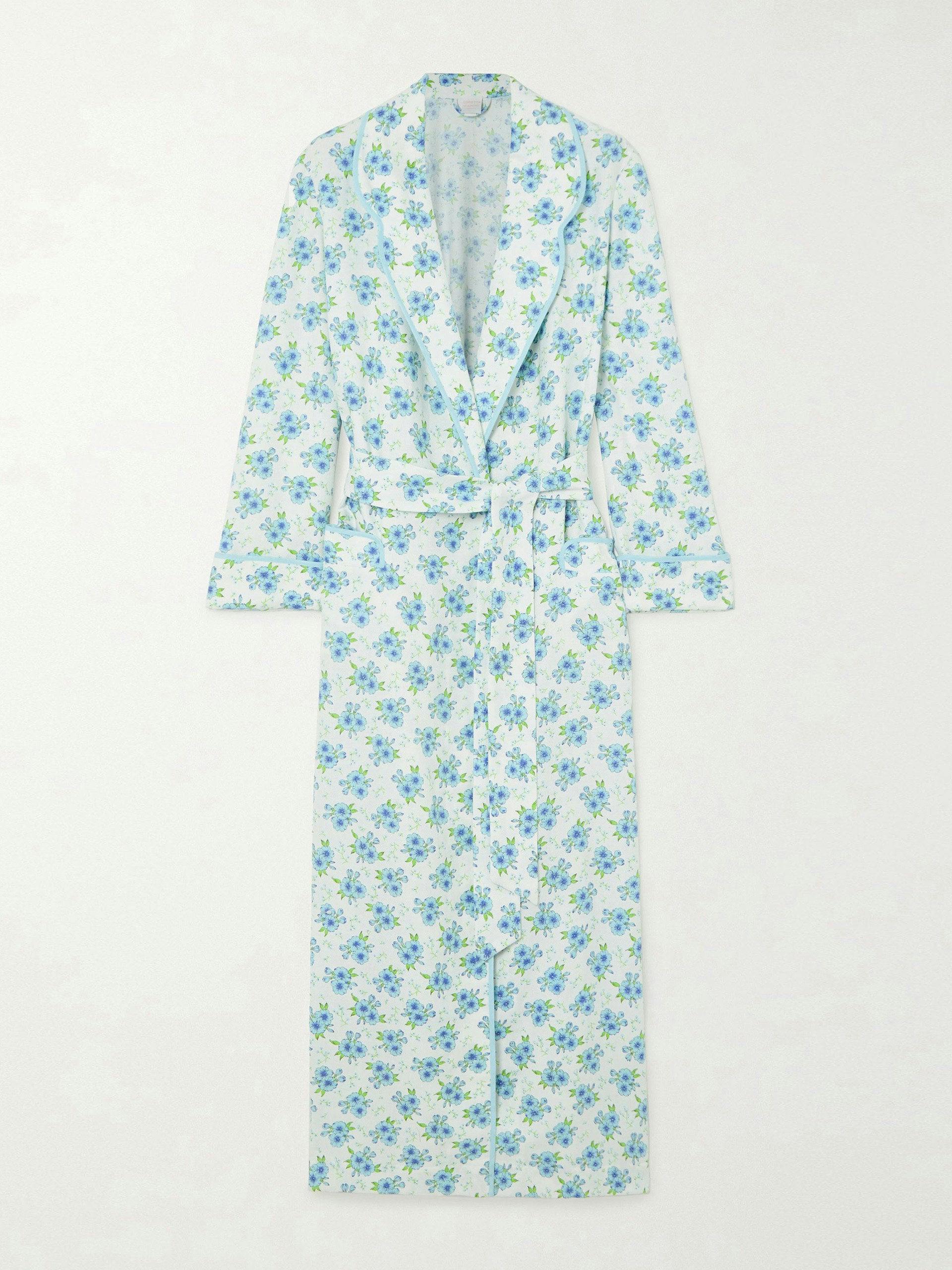 Piped floral-print waffle-knit cotton robe