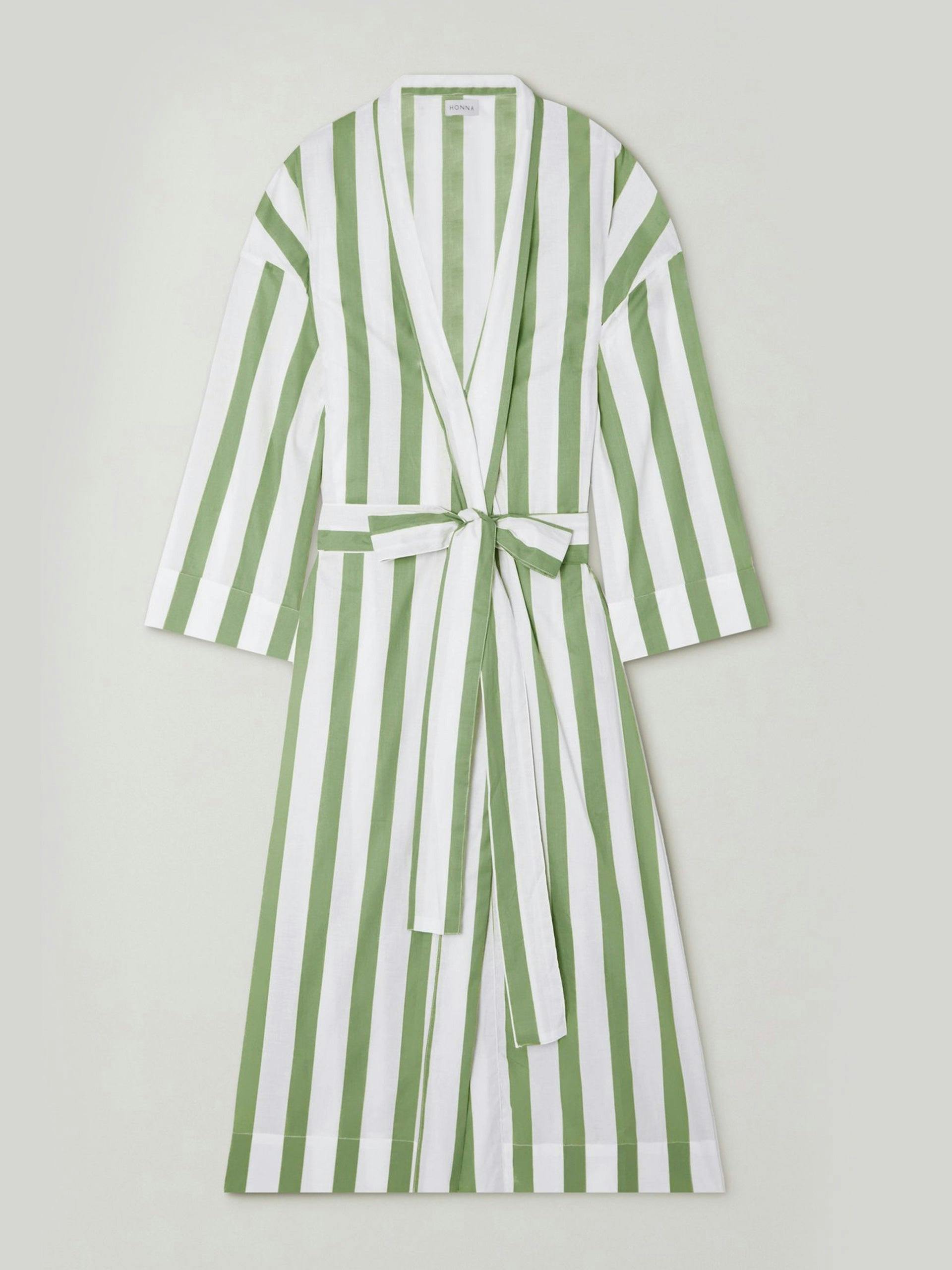 Green and white striped dressing gown