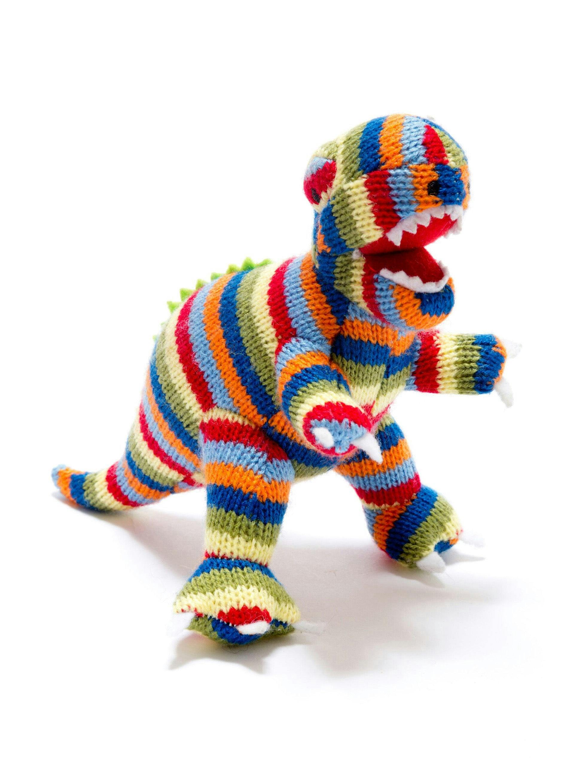 Rainbow knitted T Rex dinosaur toy
