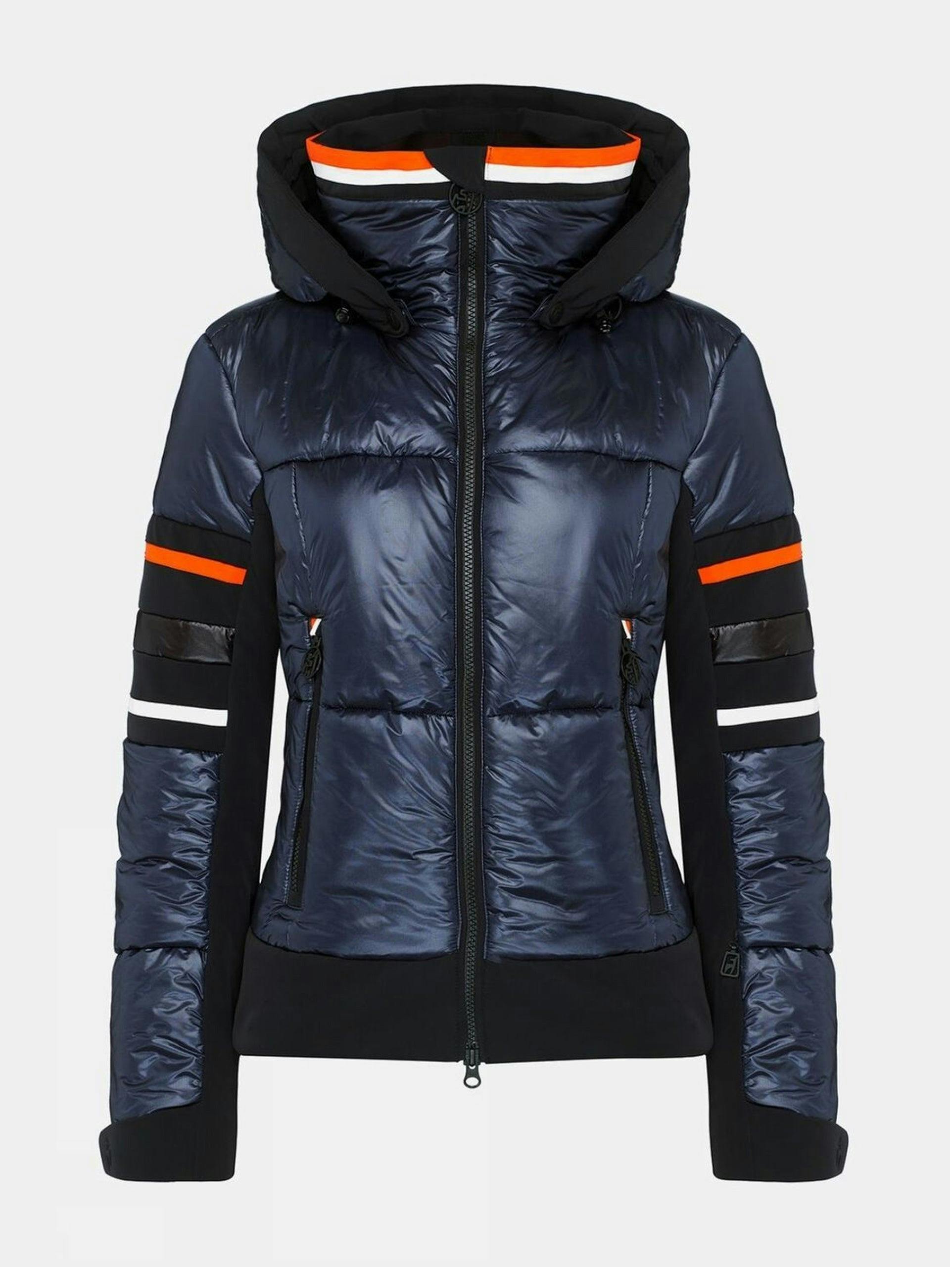 Navy quilted insulated ski jacket with orange and white detailing