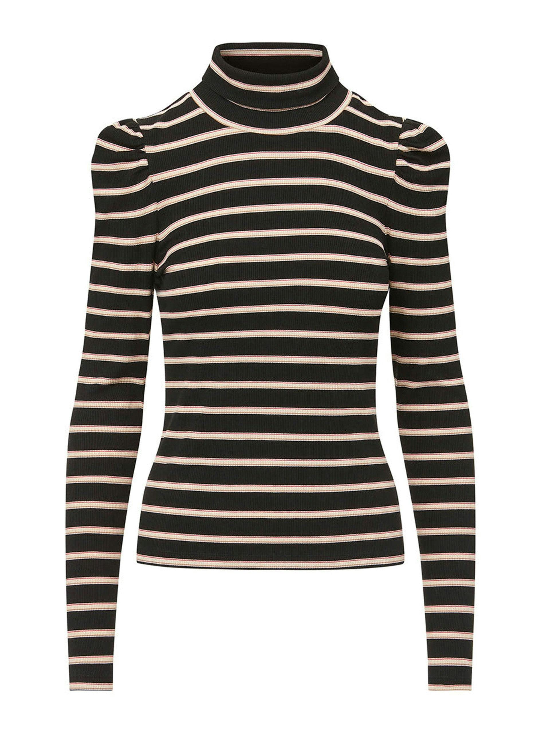 Black, pink and white striped turtleneck