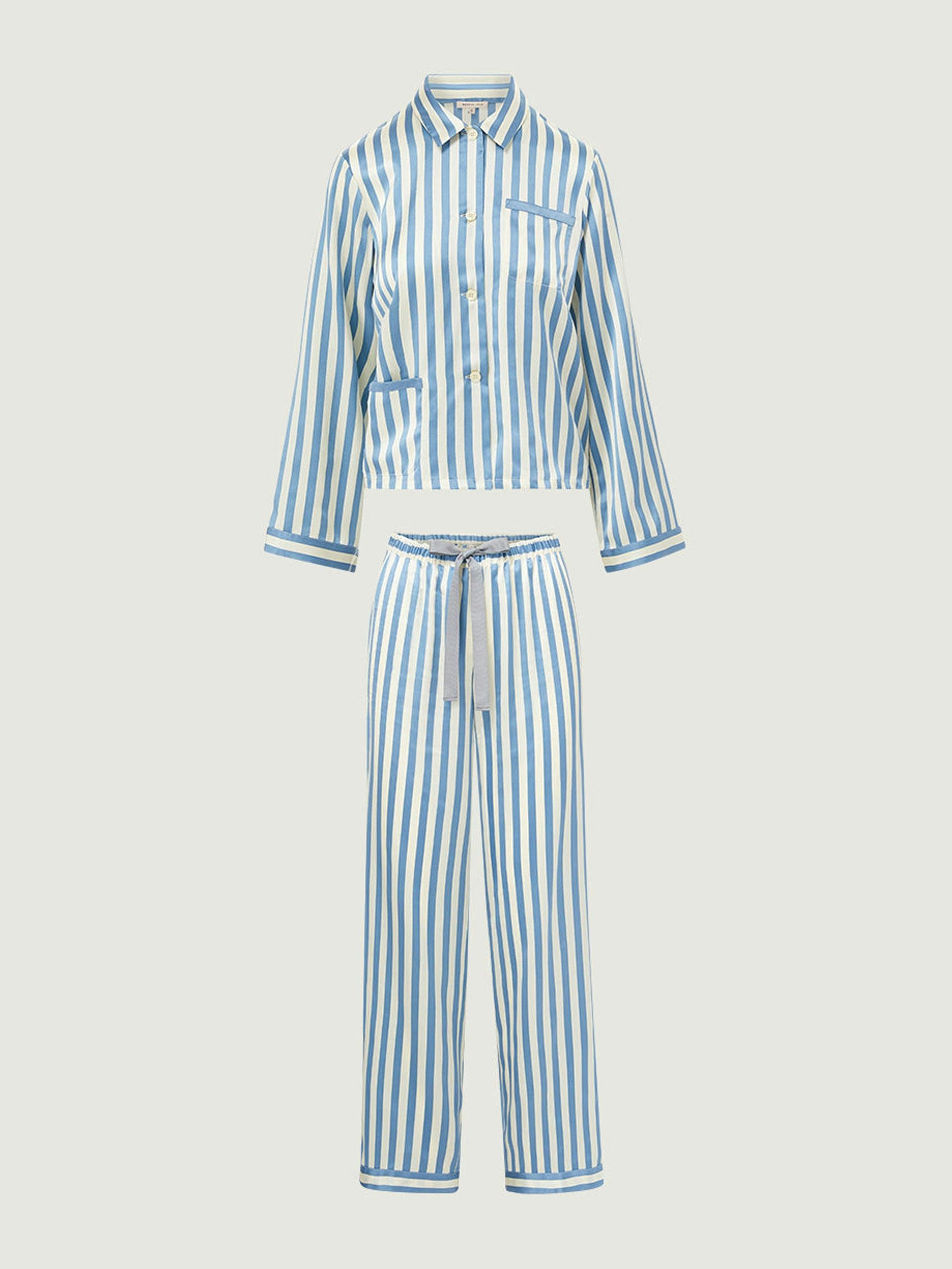 Blue and white silk pyjama set