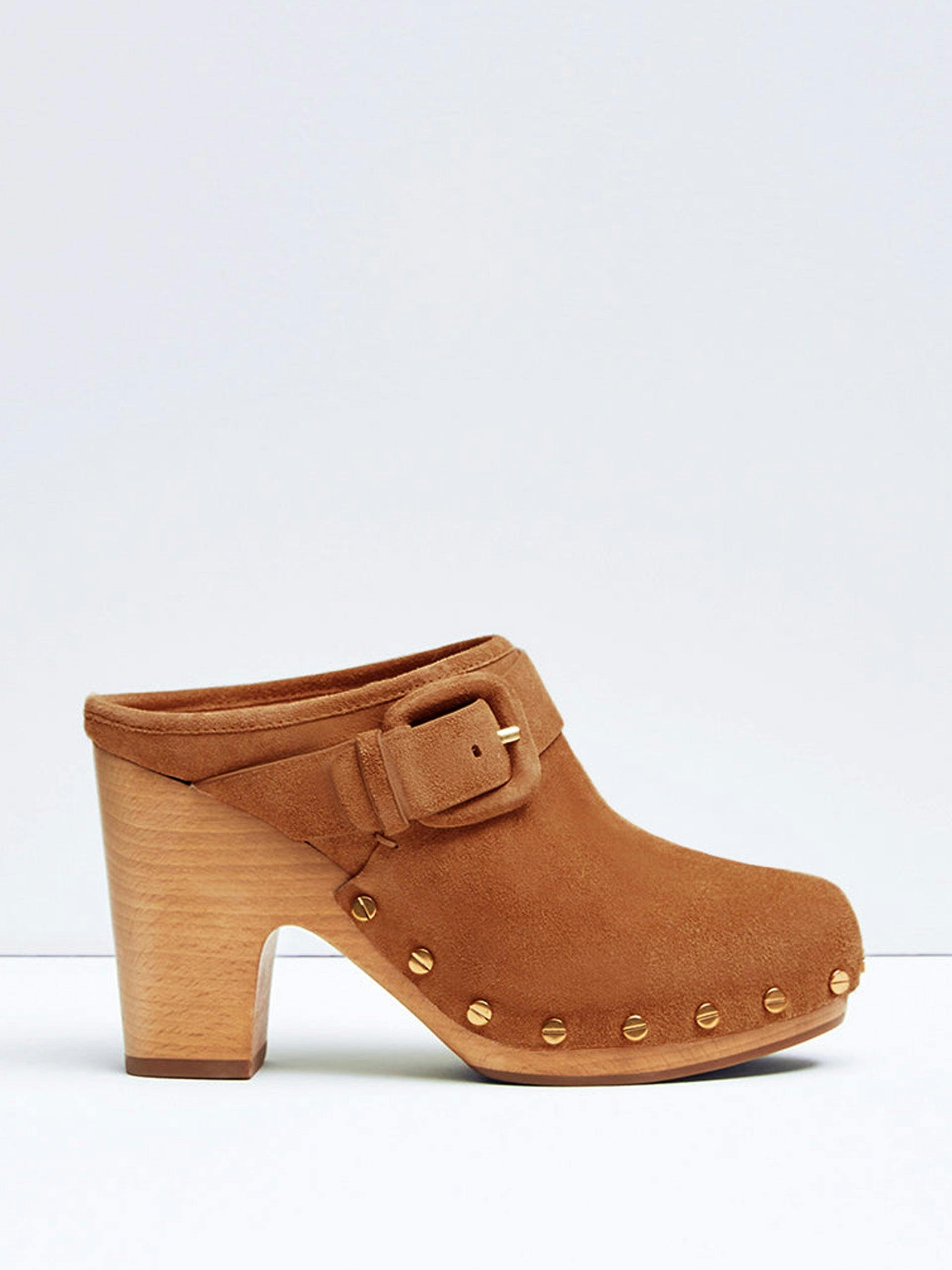 Brown suede studded clogs