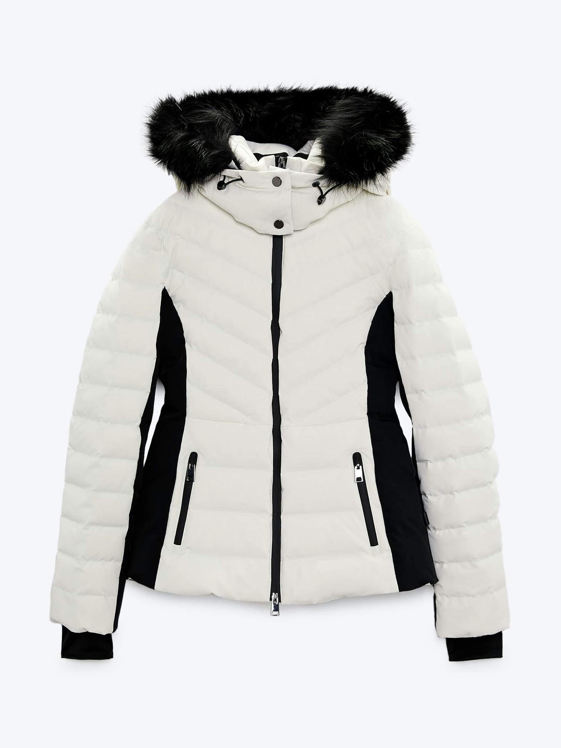 White quilted down fur hooded ski jacket